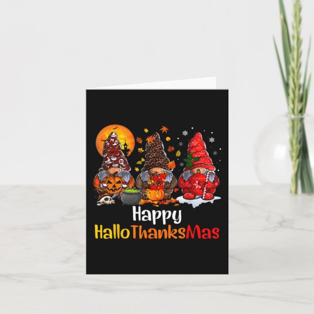 Lycklig Hallothanksmas Gnomes Halloween Thanksgivi Kort (Framsida)