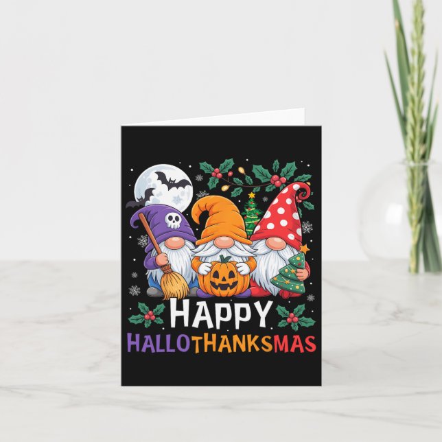 Lycklig Hallothanksmas Gnomes Halloween Thanksgivi Kort (Framsida)