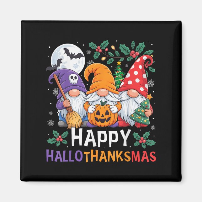 Lycklig Hallothanksmas Gnomes Halloween Thanksgivi Magnet (Framsidan)