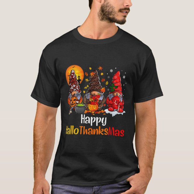Lycklig Hallothanksmas Gnomes Halloween Thanksgivi T Shirt (Framsida)