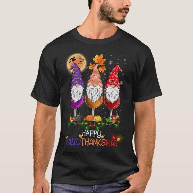 Lycklig Hallothanksmas Gnomes T Shirt (Framsida)