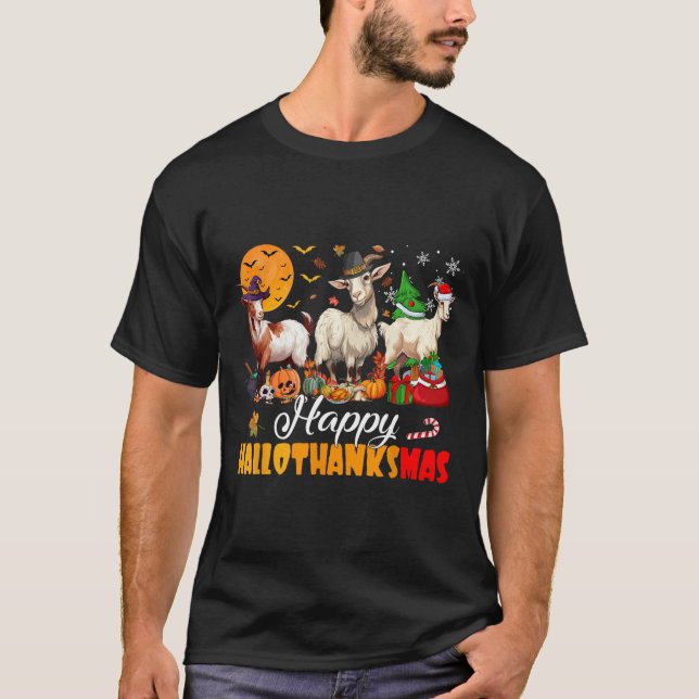 Lycklig Hallothanksmas Goat Halloween Thanksgiving T Shirt (Framsida)