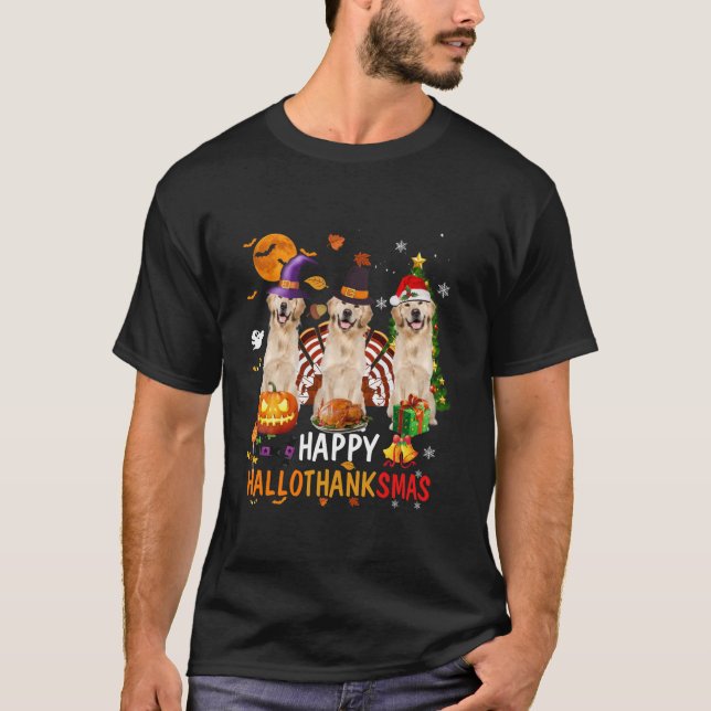 Lycklig Hallothanksmas Golden Retriever Halloween  T Shirt (Framsida)