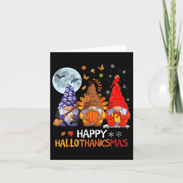 Lycklig Hallothanksmas Halloween Gnomes Thanksgivi Kort (Framsida)