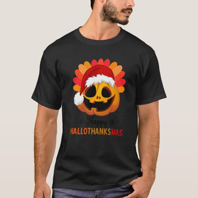 Lycklig Hallothanksmas Halloween Pumpkin jul H T Shirt (Framsida)