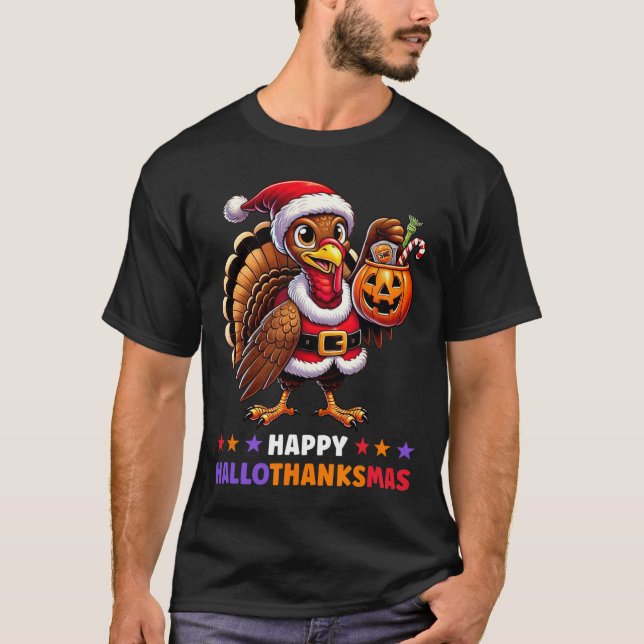 Lycklig Hallothanksmas Halloween Thanksgiving Jula T Shirt (Framsida)