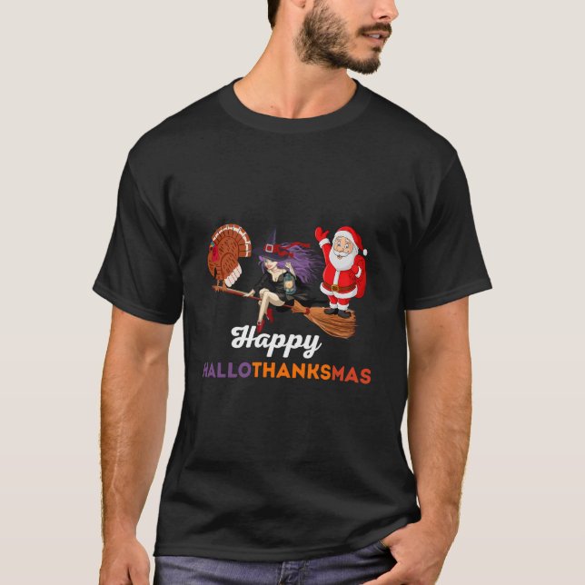 Lycklig Hallothanksmas Halloween Thanksgiving och  T Shirt (Framsida)