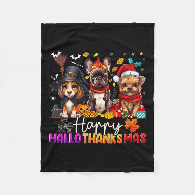 Lycklig Hallothanksmas Hundar Halloween Thanksgivi Fleecefilt (Framsidan)