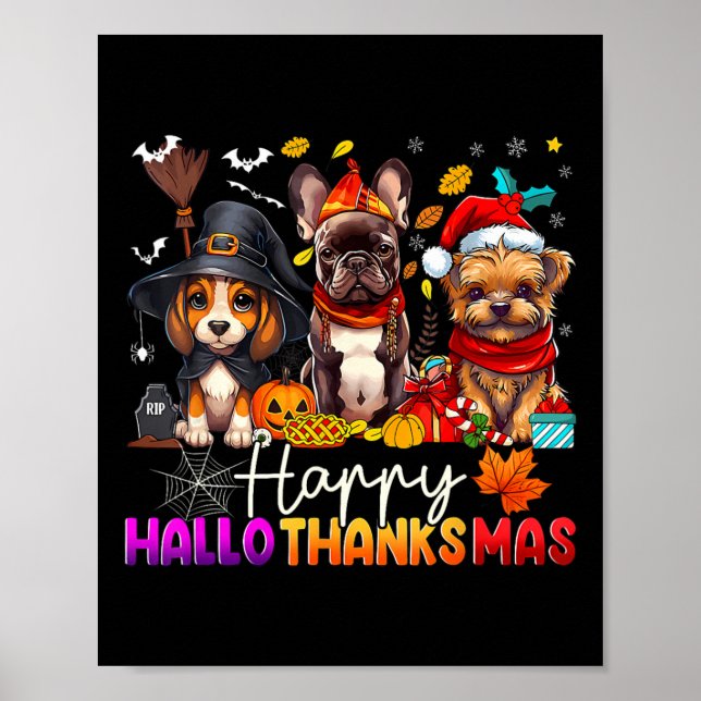 Lycklig Hallothanksmas Hundar Halloween Thanksgivi Poster (Framsidan)