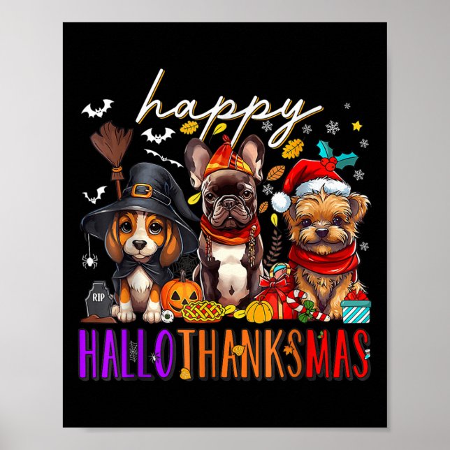 Lycklig Hallothanksmas Hundar Halloween Thanksgivi Poster (Framsidan)