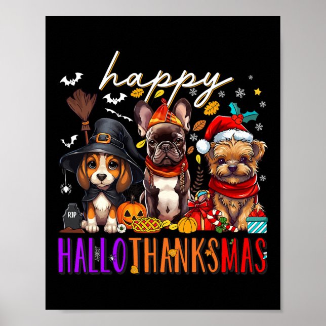 Lycklig Hallothanksmas Hundar Halloween Thanksgivi Poster (Framsidan)