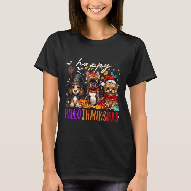 Lycklig Hallothanksmas Hundar Halloween Thanksgivi T Shirt (Framsida)