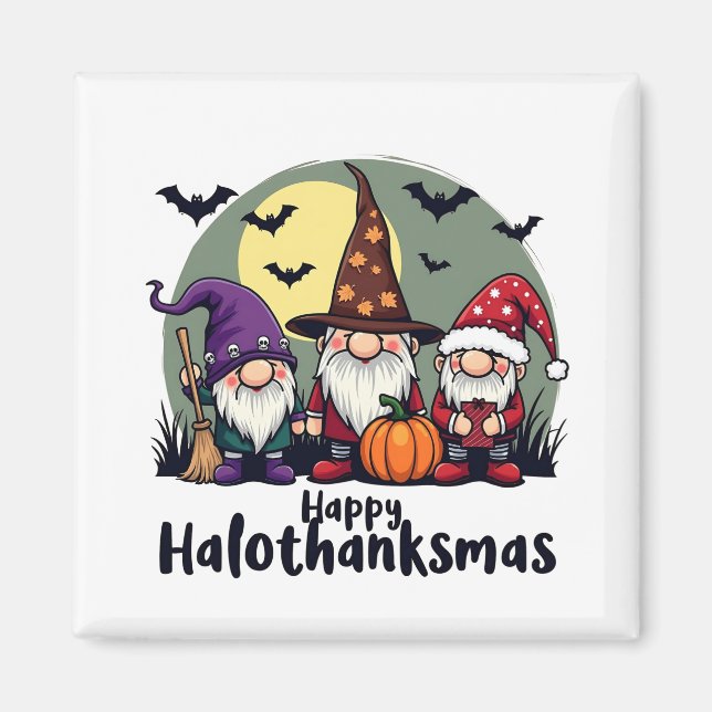 Lycklig Hallothanksmas Julafton Halloween Gnomes Magnet (Framsidan)