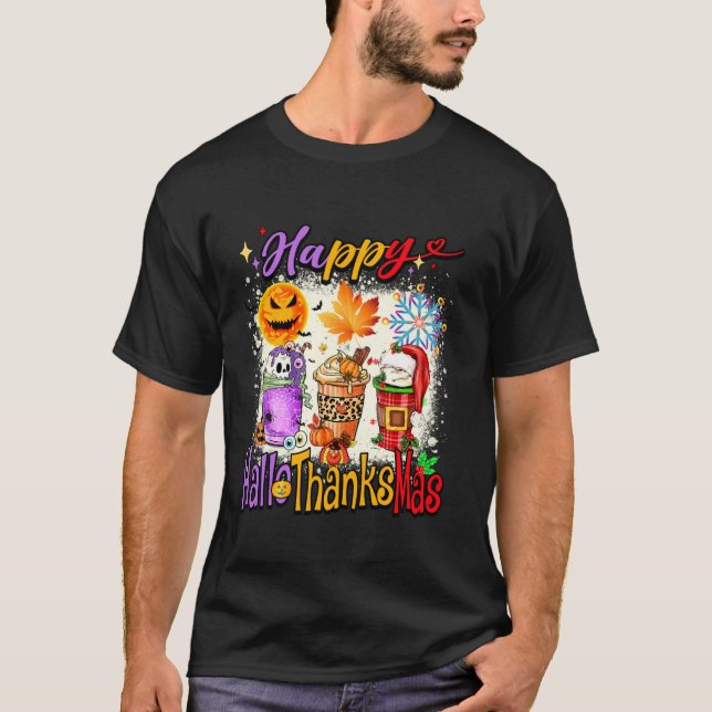 Lycklig Hallothanksmas Latte Halloween Thanksgivin T Shirt (Framsida)