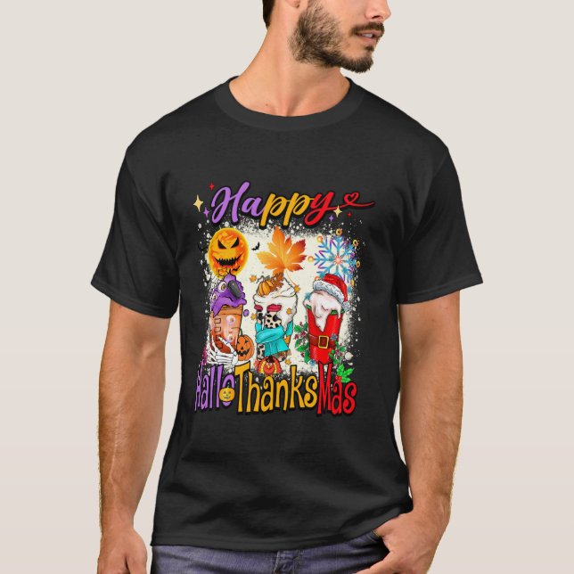 Lycklig Hallothanksmas Latte Halloween Thanksgivin T Shirt (Framsida)