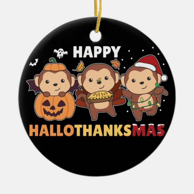Lycklig Hallothanksmas Monkey julapor Cera Julgransprydnad Keramik (Framsidan)