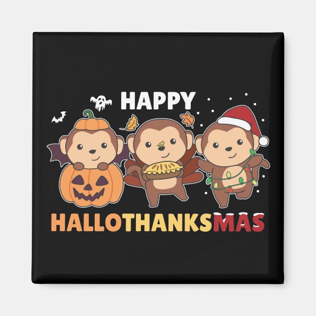 Lycklig Hallothanksmas Monkey Julapor Magn Magnet (Framsidan)