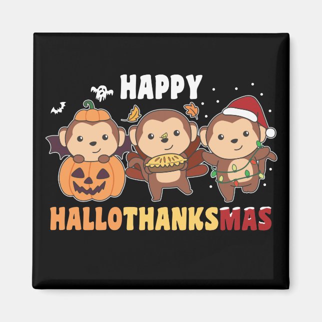 Lycklig Hallothanksmas Monkey Julapor Magn Magnet (Framsidan)