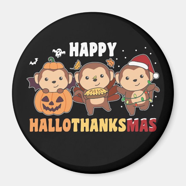 Lycklig Hallothanksmas Monkey Julapor Magn Magnet (Framsidan)