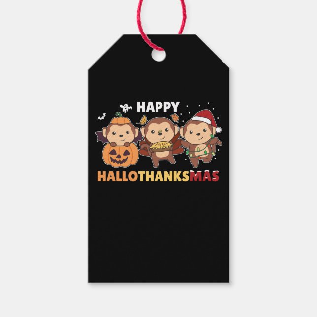 Lycklig Hallothanksmas Monkey julapor Presentetikett (Framsidan)