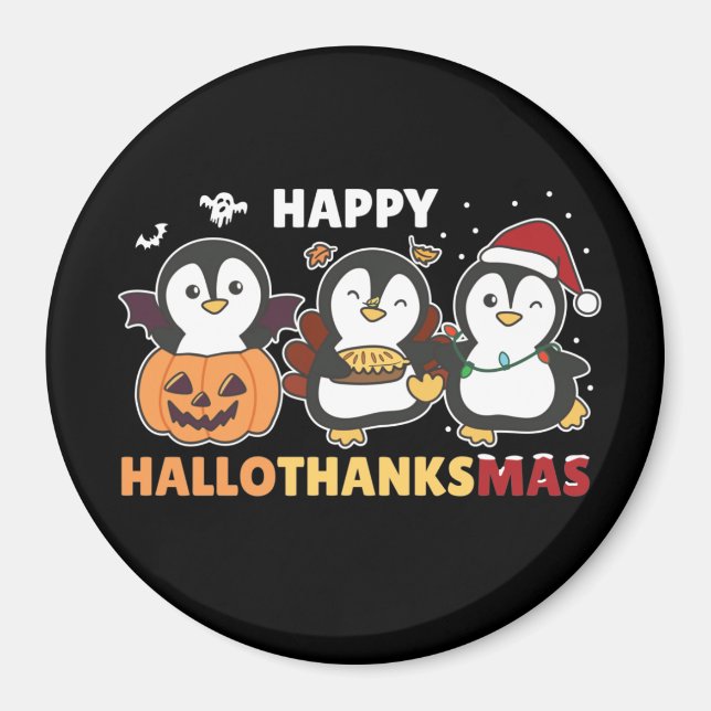 Lycklig Hallothanksmas Penguins jul Penguin Morsa Magnet (Framsidan)