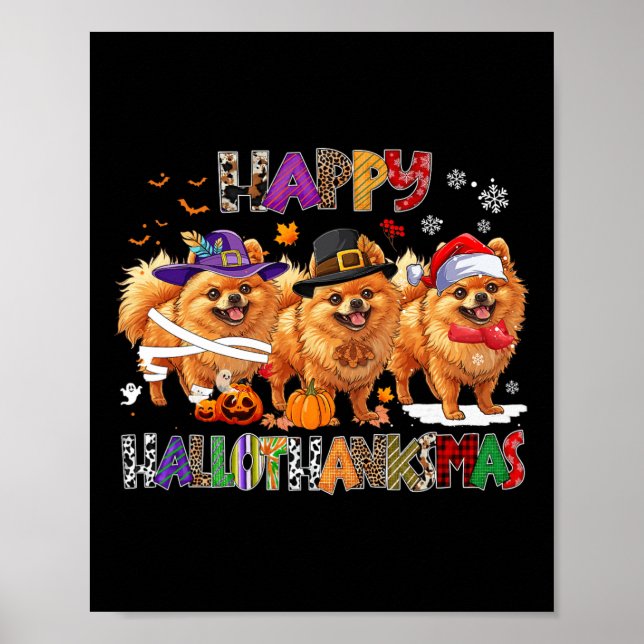 Lycklig Hallothanksmas Pommanian Hund Halloween Ch Poster (Framsidan)