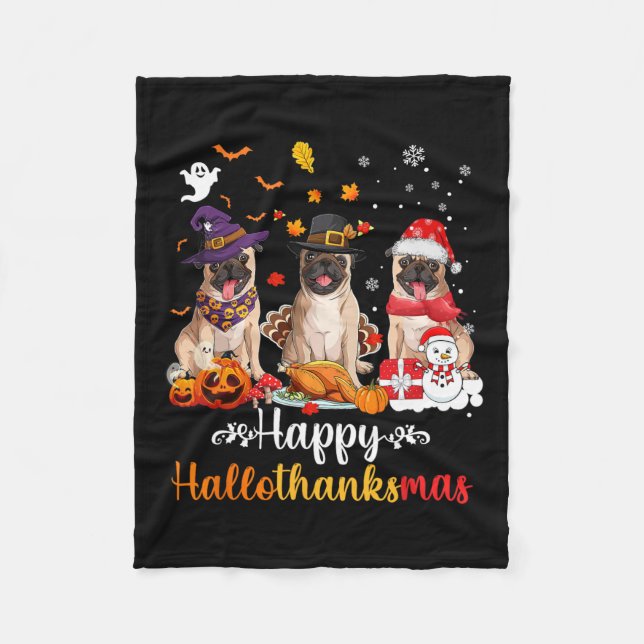 Lycklig Hallothanksmas Pug Hund Halloween jul Fleecefilt (Framsidan)