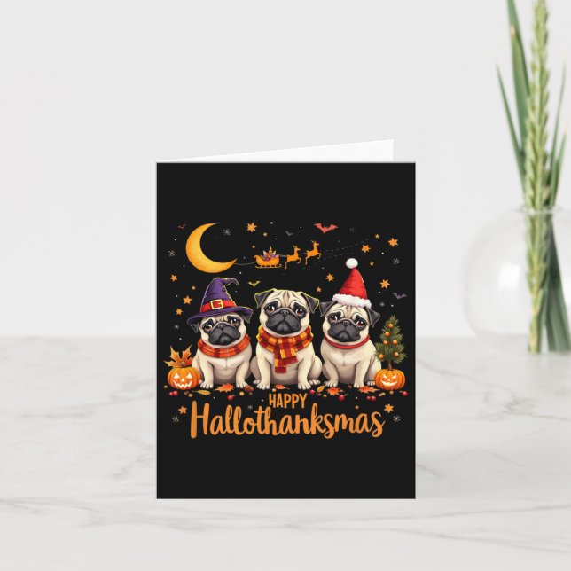 Lycklig Hallothanksmas Pug Hundar Halloween Thanks Kort (Framsida)