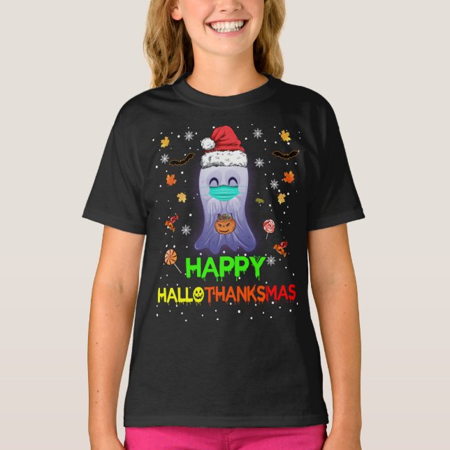 Lycklig Hallothanksmas Pumpkin Ghost Santa Hats T Shirt (Framsida)