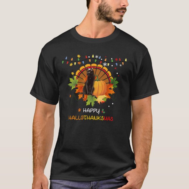 Lycklig Hallothanksmas Pumpkin Turkiet Black Cat T Shirt (Framsida)