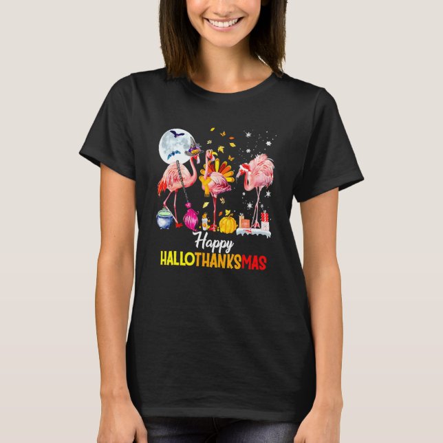 Lycklig Hallothanksmas Rosa Flamingo Witch Hat T Shirt (Framsida)