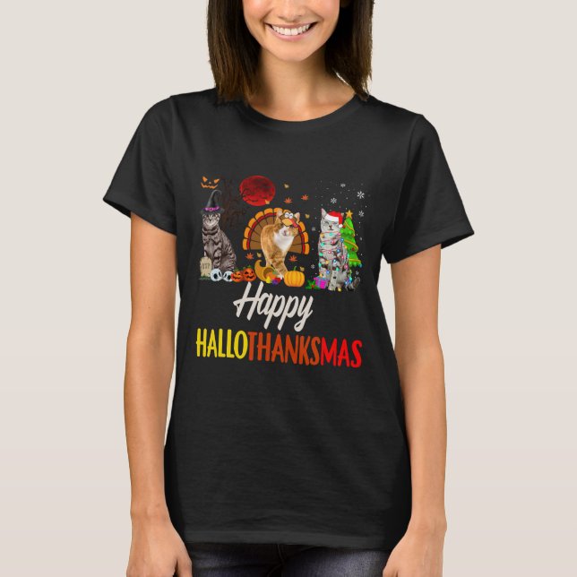 Lycklig Hallothanksmas Santa Cat T Shirt (Framsida)
