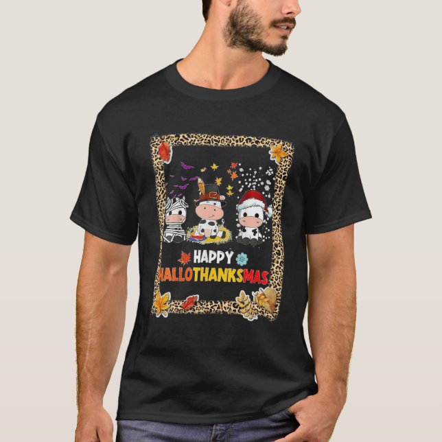 Lycklig Hallothanksmas Santa Cow Halloween Thanksg T Shirt (Framsida)