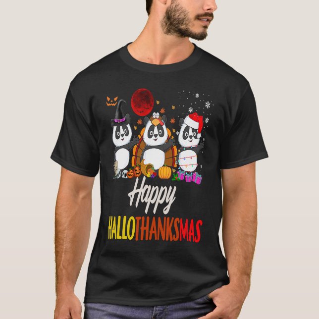 Lycklig Hallothanksmas Santa Panda Halloween Thank T Shirt (Framsida)
