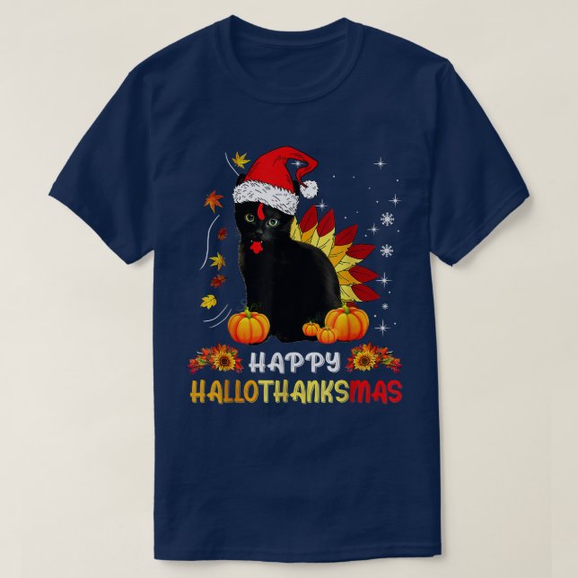 Lycklig Hallothanksmas Shirt Black Cat Halloween T T Shirt (Design framsida)