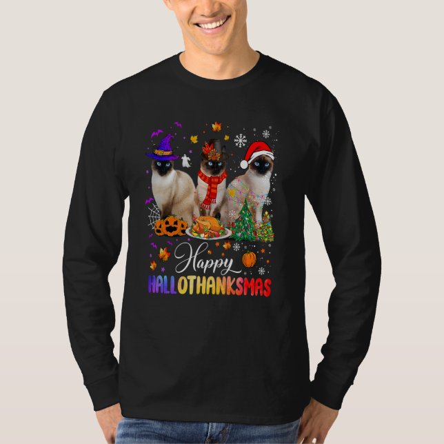Lycklig Hallothanksmas Siamese Cat Halloween Thank T Shirt (Framsida)