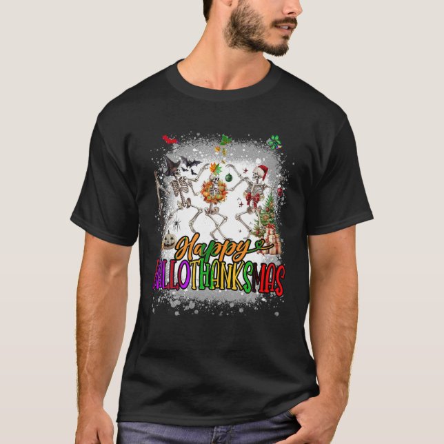Lycklig Hallothanksmas Skeleton Halloween Thanksgi T Shirt (Framsida)
