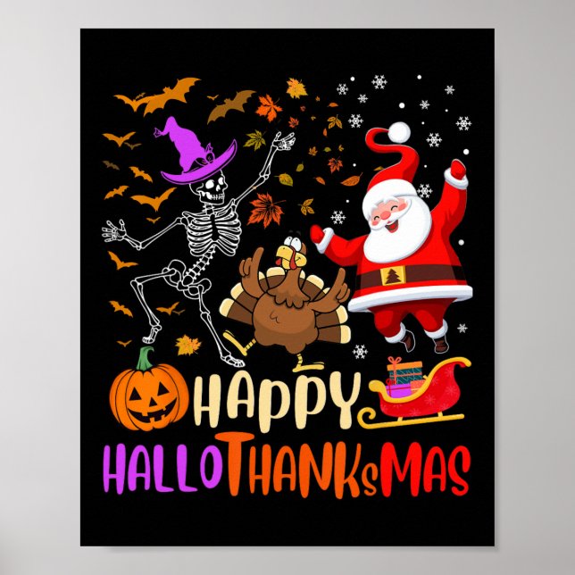 Lycklig Hallothanksmas Skeleton Pumpkin Turkey San Poster (Framsidan)