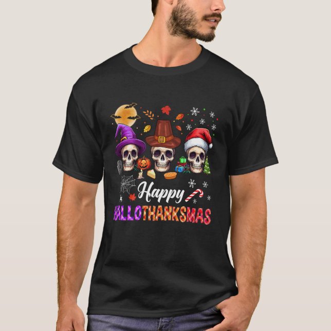 Lycklig Hallothanksmas Skull Halloween Thanksgivin T Shirt (Framsida)