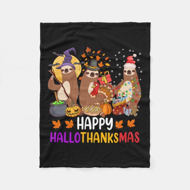Lycklig Hallothanksmas Sloth Halloween julfest Fleecefilt (Framsidan)