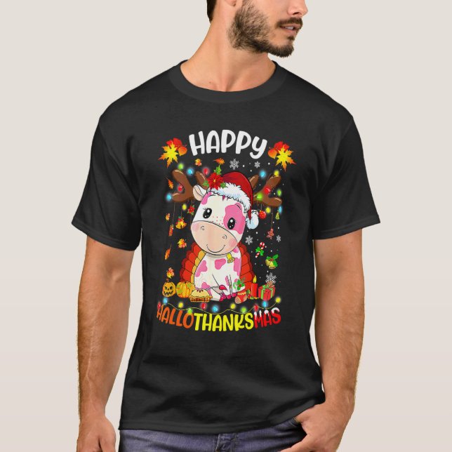 Lycklig Hallothanksmas Strawberry Cow Thanksgiving T Shirt (Framsida)