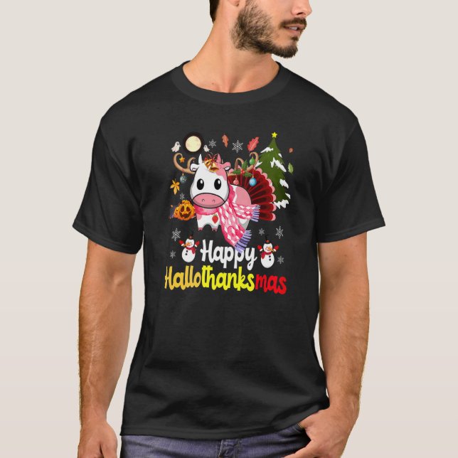 Lycklig Hallothanksmas Strawberry Cow Thanksgiving T Shirt (Framsida)