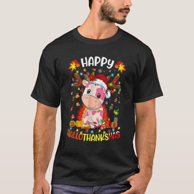 Lycklig Hallothanksmas Strawberry Cow Thanksgiving T Shirt (Framsida)