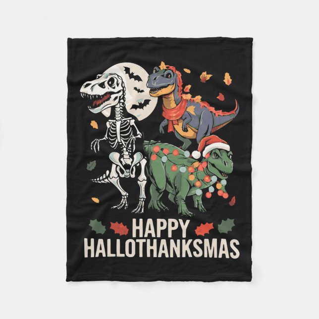 Lycklig Hallothanksmas T Rex Halloween Thanksgivin Fleecefilt (Framsidan)