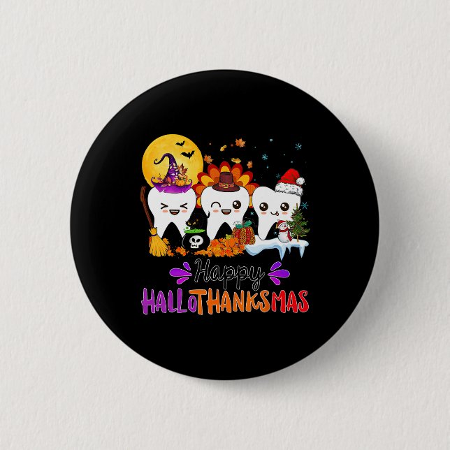 Lycklig Hallothanksmas Teeth Halloween Thanksgivin Knapp (Framsida)