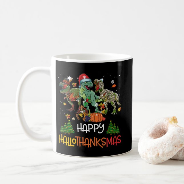Lycklig Hallothanksmas Thanksgiving Dinosaur T-rex Kaffemugg (Med munk)