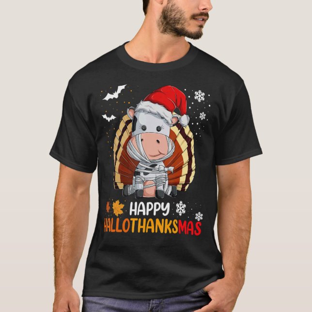 Lycklig Hallothanksmas Thanksgiving Julafton Hallo T Shirt (Framsida)