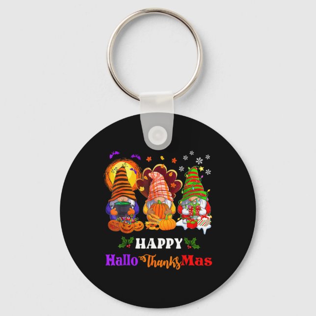 Lycklig Hallothanksmas Three Gnomes Halloween Merr Nyckelring (Framsida)