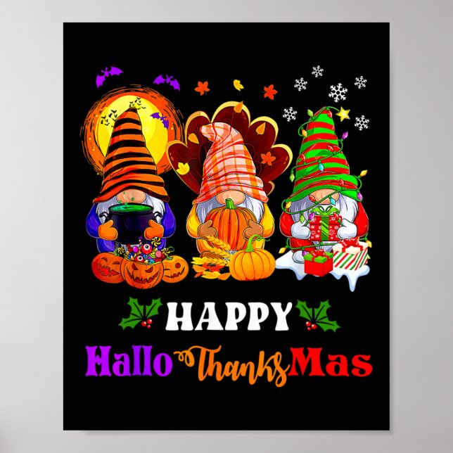 Lycklig Hallothanksmas Three Gnomes Halloween Merr Poster (Framsidan)