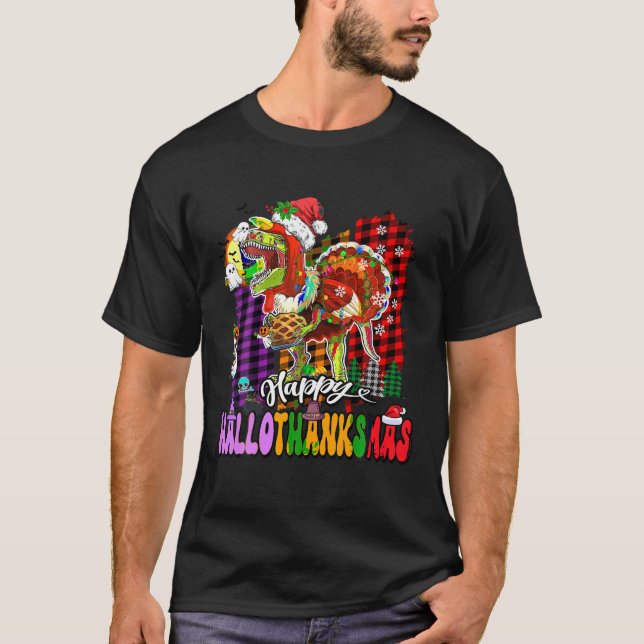 Lycklig Hallothanksmas Trex Turkey Halloween Thank T Shirt (Framsida)